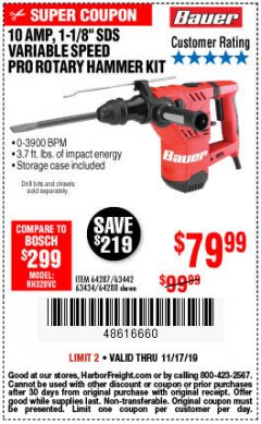 Harbor Freight Coupon BAUER 10 AMP, 1-1/8" SDS VARIABLE SPEED PRO ROTARY HAMMER KIT Lot No. 64287/64288 Expired: 11/17/19 - $79.99