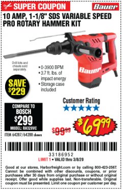 Harbor Freight Coupon BAUER 10 AMP, 1-1/8" SDS VARIABLE SPEED PRO ROTARY HAMMER KIT Lot No. 64287/64288 Expired: 2/8/20 - $69.99