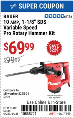 Harbor Freight Coupon BAUER 10 AMP, 1-1/8" SDS VARIABLE SPEED PRO ROTARY HAMMER KIT Lot No. 64287/64288 Expired: 7/5/20 - $69.99