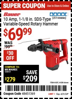 Harbor Freight Coupon BAUER 10 AMP, 1-1/8" SDS VARIABLE SPEED PRO ROTARY HAMMER KIT Lot No. 64287/64288 Expired: 4/21/24 - $69.99