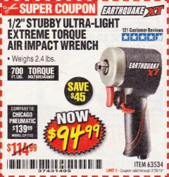 Harbor Freight Coupon 1/2" STUBBY ULTRA-LIGHT EXTREME TORQUE AIR IMPACT WRENCH Lot No. 63534 Expired: 2/28/19 - $94.99