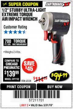 Harbor Freight Coupon 1/2" STUBBY ULTRA-LIGHT EXTREME TORQUE AIR IMPACT WRENCH Lot No. 63534 Expired: 3/31/19 - $94.99