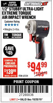 Harbor Freight Coupon 1/2" STUBBY ULTRA-LIGHT EXTREME TORQUE AIR IMPACT WRENCH Lot No. 63534 Expired: 10/20/19 - $94.99