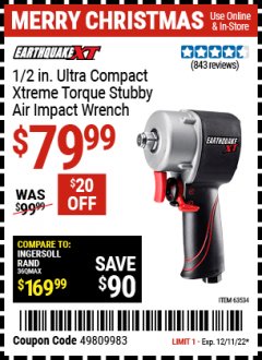 Harbor Freight Coupon 1/2" STUBBY ULTRA-LIGHT EXTREME TORQUE AIR IMPACT WRENCH Lot No. 63534 Expired: 12/11/22 - $79.99