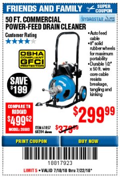 Harbor Freight Coupon 50 FT. COMMERCIAL POWER-FEED DRAIN CLEANER Lot No. 68284/61857 Expired: 7/22/18 - $299.99
