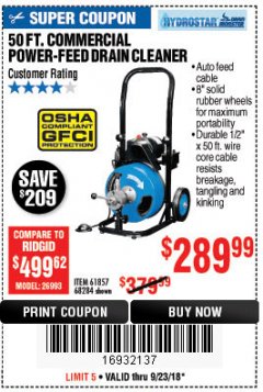 Harbor Freight Coupon 50 FT. COMMERCIAL POWER-FEED DRAIN CLEANER Lot No. 68284/61857 Expired: 9/23/18 - $289.99