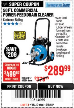 Harbor Freight Coupon 50 FT. COMMERCIAL POWER-FEED DRAIN CLEANER Lot No. 68284/61857 Expired: 10/7/18 - $289.99