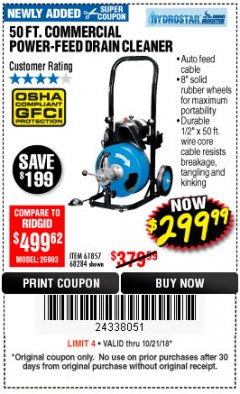 Harbor Freight Coupon 50 FT. COMMERCIAL POWER-FEED DRAIN CLEANER Lot No. 68284/61857 Expired: 10/21/18 - $299.99