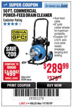 Harbor Freight Coupon 50 FT. COMMERCIAL POWER-FEED DRAIN CLEANER Lot No. 68284/61857 Expired: 11/18/18 - $289.99