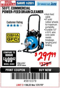 Harbor Freight Coupon 50 FT. COMMERCIAL POWER-FEED DRAIN CLEANER Lot No. 68284/61857 Expired: 1/31/19 - $297.99