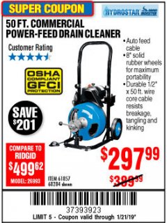 Harbor Freight Coupon 50 FT. COMMERCIAL POWER-FEED DRAIN CLEANER Lot No. 68284/61857 Expired: 1/21/19 - $297.99