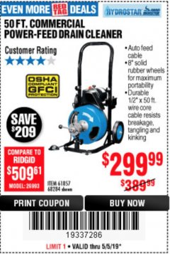 Harbor Freight Coupon 50 FT. COMMERCIAL POWER-FEED DRAIN CLEANER Lot No. 68284/61857 Expired: 5/5/19 - $299.99