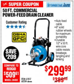 Harbor Freight Coupon 50 FT. COMMERCIAL POWER-FEED DRAIN CLEANER Lot No. 68284/61857 Expired: 10/4/19 - $6.99