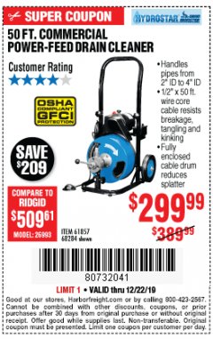 Harbor Freight Coupon 50 FT. COMMERCIAL POWER-FEED DRAIN CLEANER Lot No. 68284/61857 Expired: 12/22/19 - $299.99
