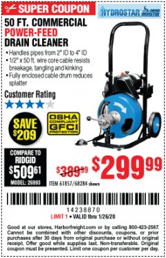Harbor Freight Coupon 50 FT. COMMERCIAL POWER-FEED DRAIN CLEANER Lot No. 68284/61857 Expired: 1/26/20 - $299.99