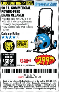 Harbor Freight Coupon 50 FT. COMMERCIAL POWER-FEED DRAIN CLEANER Lot No. 68284/61857 Expired: 3/31/20 - $299.99
