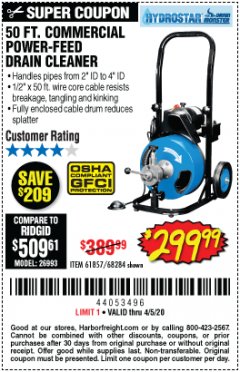 Harbor Freight Coupon 50 FT. COMMERCIAL POWER-FEED DRAIN CLEANER Lot No. 68284/61857 Expired: 6/30/20 - $299.99