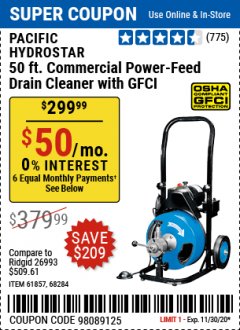 Harbor Freight Coupon 50 FT. COMMERCIAL POWER-FEED DRAIN CLEANER Lot No. 68284/61857 Expired: 11/30/20 - $299.99