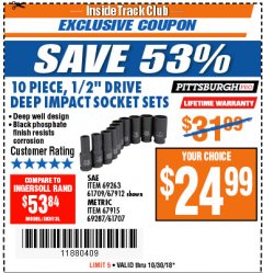 Harbor Freight ITC Coupon 10 PIECE, 1/2" DRIVE IMPACT DEEP SOCKET SETS Lot No. 69263/61709/67912/67915/69287/61707 Expired: 10/30/18 - $24.99