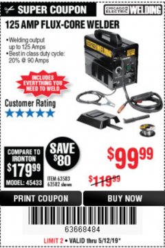 Harbor Freight Coupon 125 AMP FLUX-CORE WELDER Lot No. 63583/63582 Expired: 5/12/19 - $99.99