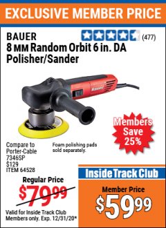 Harbor Freight ITC Coupon BAUER 6" VARIABLE SPEED DUAL ACTION POLISHER Lot No. 69924/62862/64528/64529 Expired: 12/30/20 - $59.99