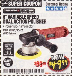 Harbor Freight Coupon BAUER 6" VARIABLE SPEED DUAL ACTION POLISHER Lot No. 69924/62862/64528/64529 Expired: 11/30/18 - $49.99
