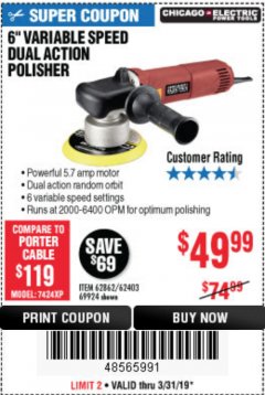 Harbor Freight Coupon BAUER 6" VARIABLE SPEED DUAL ACTION POLISHER Lot No. 69924/62862/64528/64529 Expired: 3/31/19 - $49.99