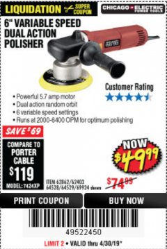 Harbor Freight Coupon BAUER 6" VARIABLE SPEED DUAL ACTION POLISHER Lot No. 69924/62862/64528/64529 Expired: 4/30/19 - $49.99