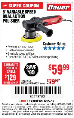 Harbor Freight Coupon BAUER 6" VARIABLE SPEED DUAL ACTION POLISHER Lot No. 69924/62862/64528/64529 Expired: 12/22/19 - $59.99