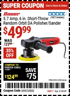 Harbor Freight Coupon BAUER 6" VARIABLE SPEED DUAL ACTION POLISHER Lot No. 69924/62862/64528/64529 Expired: 2/18/24 - $49.99