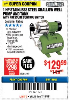 Harbor Freight Coupon 1 HP STAINLESS STEEL SHALLOW WELL PUMP AND TANK WITH PRESSURE CONTROL SWITCH Lot No. 63407 Expired: 7/15/18 - $129.99