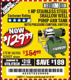 Harbor Freight Coupon 1 HP STAINLESS STEEL SHALLOW WELL PUMP AND TANK WITH PRESSURE CONTROL SWITCH Lot No. 63407 Expired: 12/14/19 - $129.99