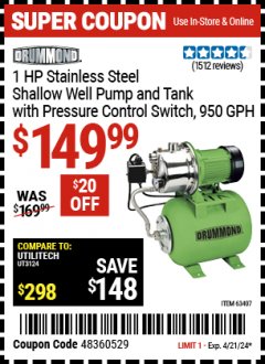 Harbor Freight Coupon 1 HP STAINLESS STEEL SHALLOW WELL PUMP AND TANK WITH PRESSURE CONTROL SWITCH Lot No. 63407 Expired: 4/21/24 - $149.99