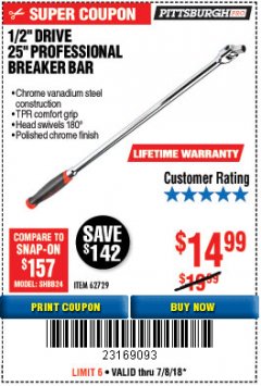 Harbor Freight Coupon 1/2" DRIVE 25" PROFESSIONAL BREAKER BAR Lot No. 62729 Expired: 7/8/18 - $14.99
