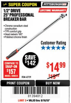 Harbor Freight Coupon 1/2" DRIVE 25" PROFESSIONAL BREAKER BAR Lot No. 62729 Expired: 9/16/18 - $14.99