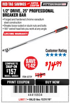Harbor Freight Coupon 1/2" DRIVE 25" PROFESSIONAL BREAKER BAR Lot No. 62729 Expired: 12/31/18 - $14.99