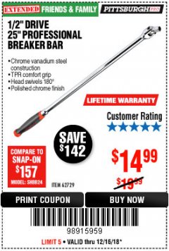 Harbor Freight Coupon 1/2" DRIVE 25" PROFESSIONAL BREAKER BAR Lot No. 62729 Expired: 12/16/18 - $14.99