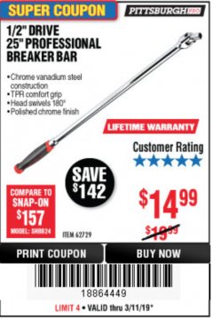 Harbor Freight Coupon 1/2" DRIVE 25" PROFESSIONAL BREAKER BAR Lot No. 62729 Expired: 3/11/19 - $14.99