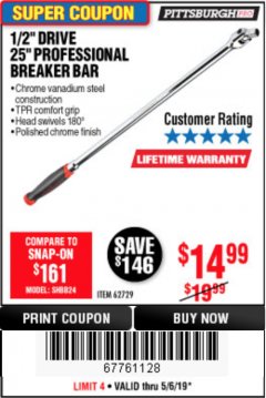 Harbor Freight Coupon 1/2" DRIVE 25" PROFESSIONAL BREAKER BAR Lot No. 62729 Expired: 5/6/19 - $14.99