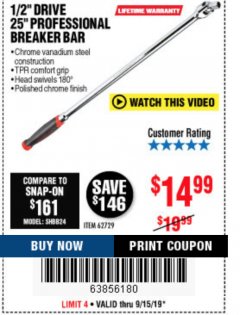 Harbor Freight Coupon 1/2" DRIVE 25" PROFESSIONAL BREAKER BAR Lot No. 62729 Expired: 9/15/19 - $14.99