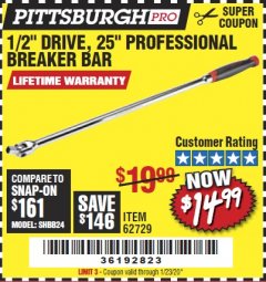 Harbor Freight Coupon 1/2" DRIVE 25" PROFESSIONAL BREAKER BAR Lot No. 62729 Expired: 1/23/20 - $14.99