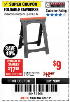 Harbor Freight Coupon FOLDABLE SAWHORSE Lot No. 60710/61979 Expired: 9/16/18 - $9