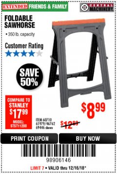 Harbor Freight Coupon FOLDABLE SAWHORSE Lot No. 60710/61979 Expired: 12/16/18 - $8.99