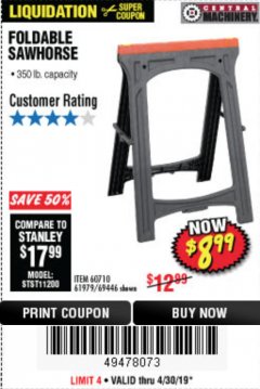 Harbor Freight Coupon FOLDABLE SAWHORSE Lot No. 60710/61979 Expired: 4/30/19 - $8.99