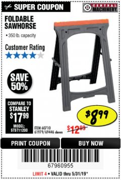 Harbor Freight Coupon FOLDABLE SAWHORSE Lot No. 60710/61979 Expired: 5/31/19 - $8.99
