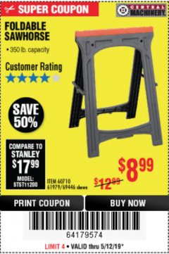 Harbor Freight Coupon FOLDABLE SAWHORSE Lot No. 60710/61979 Expired: 5/12/19 - $8.99