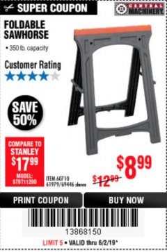Harbor Freight Coupon FOLDABLE SAWHORSE Lot No. 60710/61979 Expired: 6/2/19 - $8.99