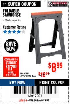 Harbor Freight Coupon FOLDABLE SAWHORSE Lot No. 60710/61979 Expired: 8/25/19 - $8.99