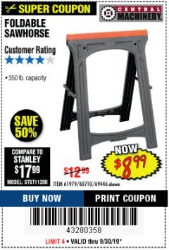 Harbor Freight Coupon FOLDABLE SAWHORSE Lot No. 60710/61979 Expired: 9/30/19 - $8.99
