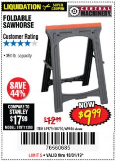 Harbor Freight Coupon FOLDABLE SAWHORSE Lot No. 60710/61979 Expired: 10/31/19 - $9.99